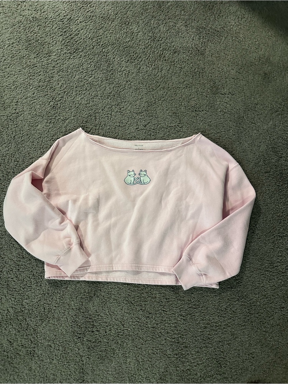 Hollister Pastel Pink Cropped Sweatshirt with Twin Cat Graphic